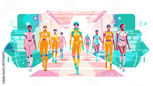 Futuristic Sci-Fi Female Warriors in Neon Spaceship Corridor