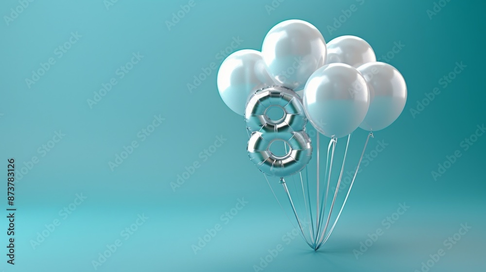 Shiny silver balloons bunch in the figure 8 shape on a teal background. Shiny silver balloons bunch in the figure 8 shape on a teal background.