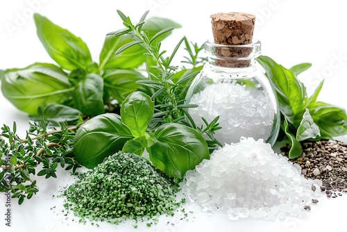 A salt restriction for hypertension, salt shaker and fresh herbs, isolated on white background, diet and nutrition concept.
