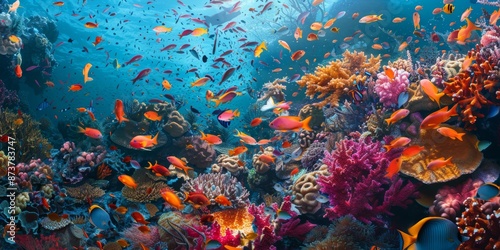 aerial view of a vibrant coral reef teeming with colorful fish