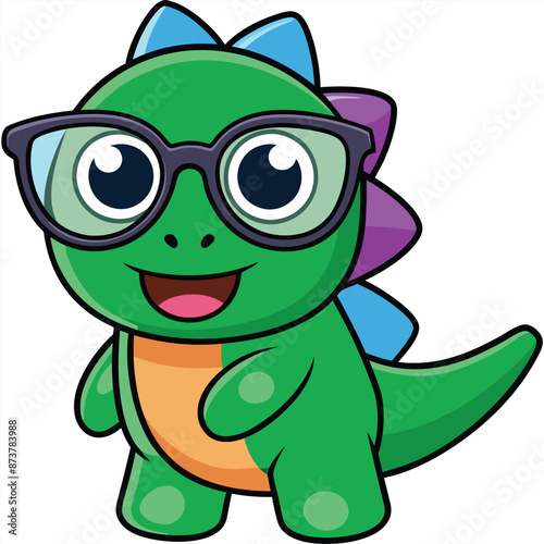 Cartoon Green Dinosaur Wearing Glasses and Smiling, A cartoon dinosaur with a green body and an orange belly is wearing round black eyeglasses and smiling.