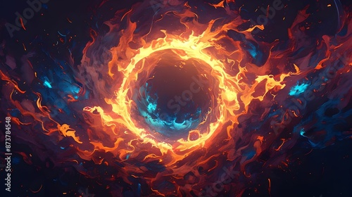 Striking digital artwork featuring a mesmerizing ring of fire transitioning from red and orange flames to blue and purple hues. The intricately intertwined flames create a sense of motion and energy,
 photo