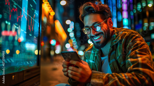 A happy man smiles brightly as he uses his mobile phone to check stock market data on a digital graph in the bustling city at night photo