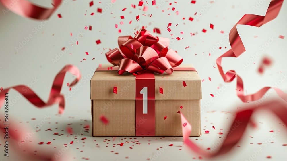 Festive Gift Box with Red Ribbon and Number One Amidst Confetti Festive Gift Box with Red Ribbon and Number One Amidst Confetti