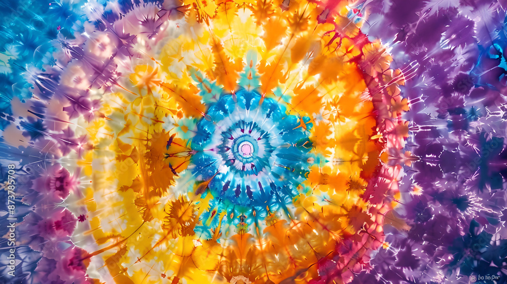 Vibrant and psychedelic image featuring a mesmerizing spiral pattern created using tie-dye techniques. Originating from the center, the spiral radiates outward in a dazzling array of colors including Vibrant and psychedelic image featuring a mesmerizing spiral pattern created using tie-dye techniques. Originating from the center, the spiral radiates outward in a dazzling array of colors including