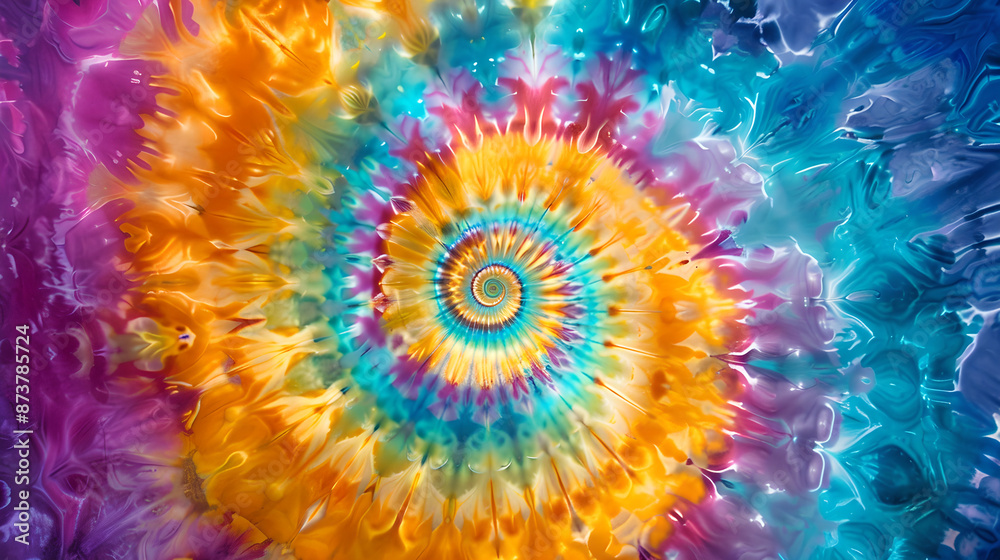 Vibrant and psychedelic image featuring a mesmerizing spiral pattern created using tie-dye techniques. Originating from the center, the spiral radiates outward in a dazzling array of colors including Vibrant and psychedelic image featuring a mesmerizing spiral pattern created using tie-dye techniques. Originating from the center, the spiral radiates outward in a dazzling array of colors including