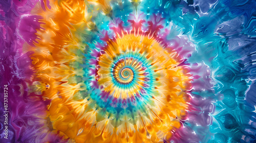Vibrant and psychedelic image featuring a mesmerizing spiral pattern created using tie-dye techniques. Originating from the center, the spiral radiates outward in a dazzling array of colors including 
