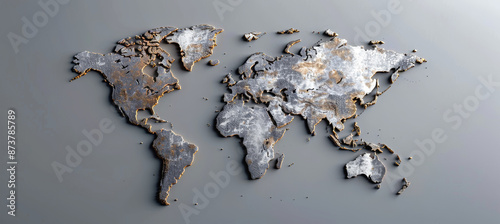 A world map rendered in a textured metallic style, suggesting a sense of history and age photo