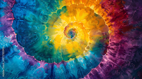 Vibrant and psychedelic image featuring a mesmerizing spiral pattern created using tie-dye techniques. Originating from the center, the spiral radiates outward in a dazzling array of colors including 