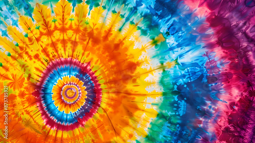 Vibrant and psychedelic image featuring a mesmerizing spiral pattern created using tie-dye techniques. Originating from the center, the spiral radiates outward in a dazzling array of colors including 