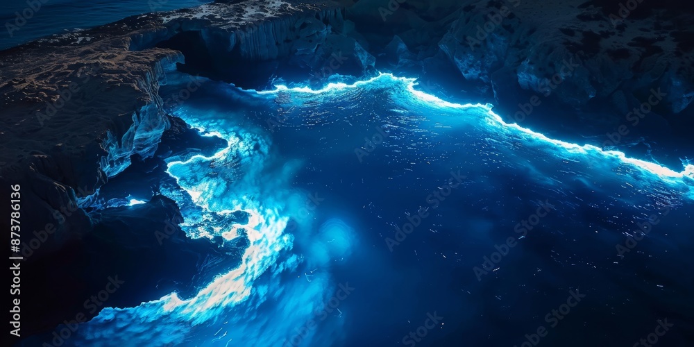 Obraz premium Stock photo, breathtaking aerial view of a bioluminescent bay at night, glowing with blue light