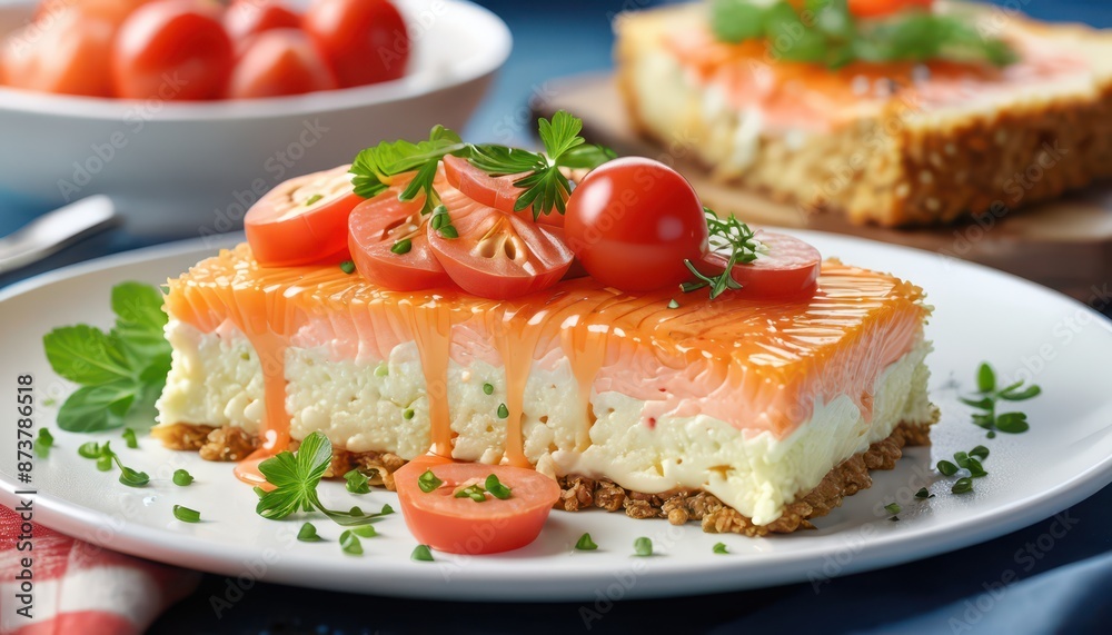 Delicious Salmon Cheesecake with Tomato Topping. Delicious Salmon Cheesecake with Tomato Topping.