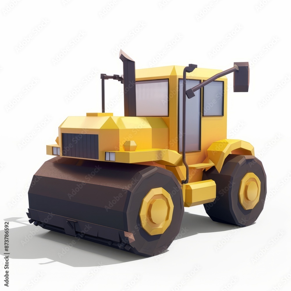 Fototapeta premium 3D Render of a Low Poly steamroller flattening the ground, on isolated white background, Generative AI