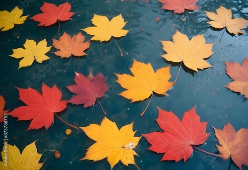 Colorful autumn leaves floating on a puddle of water, with raindrops visible on the surface