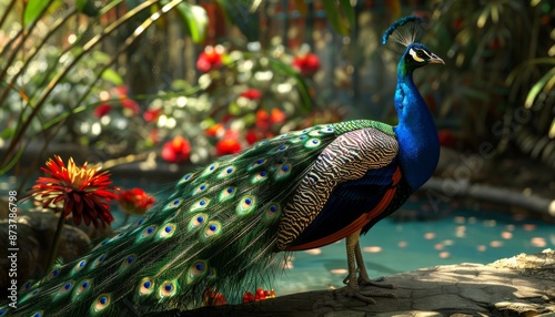 Peacock displaying its colorful feathers in a garden