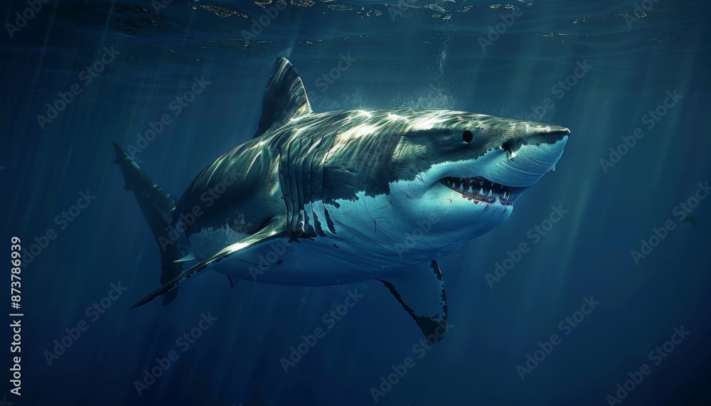 Naklejka premium Great white shark gliding through deep blue waters, animal, powerful