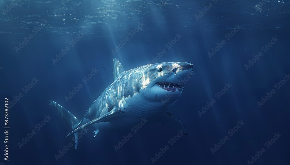 Fototapeta premium Great white shark gliding through deep blue waters, animal, powerful