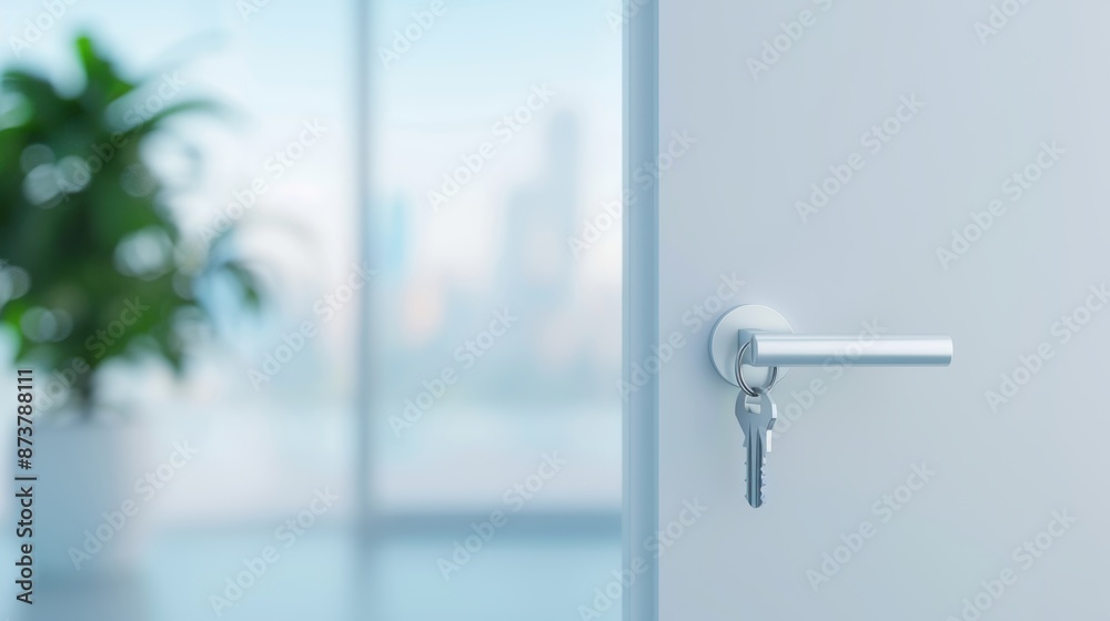 A minimalist office door with a key inserted, focusing on the details of the lock and handle, emphasizing security and professionalism. A minimalist office door with a key inserted, focusing on the details of the lock and handle, emphasizing security and professionalism.
