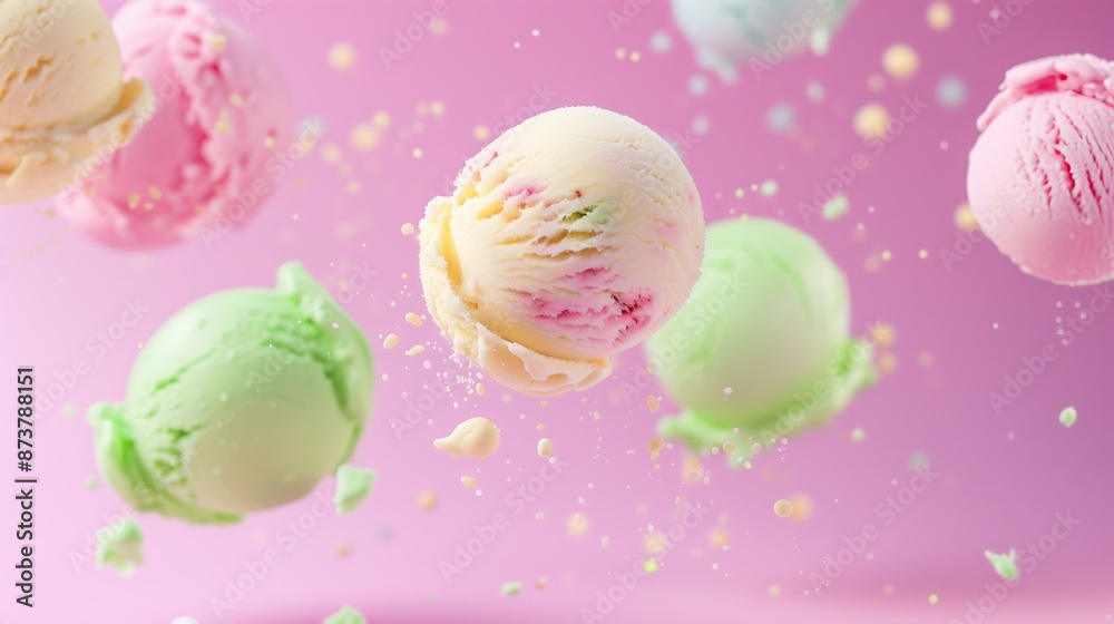 pastel colored ice cream scoops levitating flying against a vinbrant solid color background pastel colored ice cream scoops levitating flying against a vinbrant solid color background