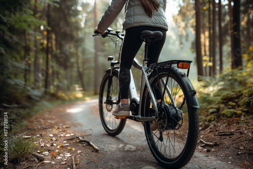 A person riding a bike through a sunlit forest path.