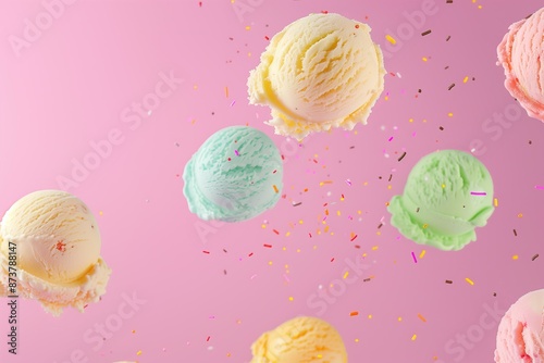 pastel colored ice cream scoops levitating flying against a vinbrant solid color background photo