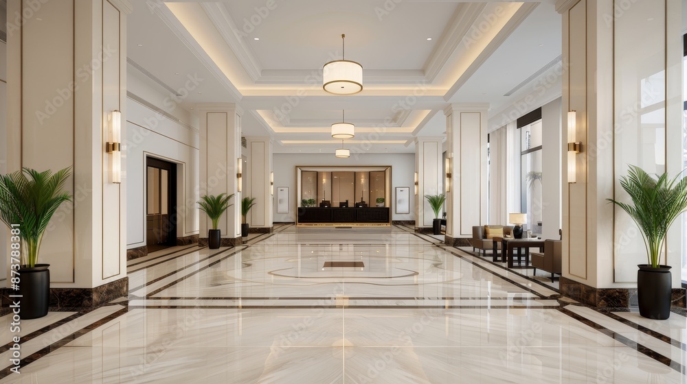 Fototapeta premium A luxurious hotel lobby with a concierge assisting a guest, intricate marble flooring, plush seating, and elegant lighting enhancing the ambiance
