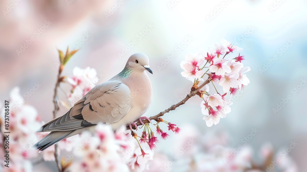 Peaceful dove resting on a blooming cherry blossom branch, Animal, Calm and Pure concept Peaceful dove resting on a blooming cherry blossom branch, Animal, Calm and Pure concept