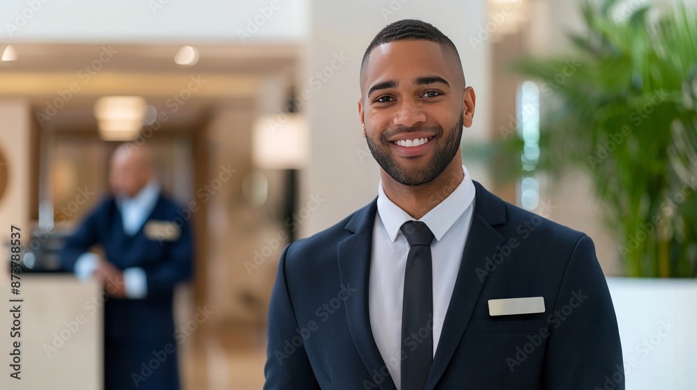 A professional traveler checks into a luxurious hotel, greeted warmly by a courteous front desk attendant, with a friendly porter ready to assist with luggage A professional traveler checks into a luxurious hotel, greeted warmly by a courteous front desk attendant, with a friendly porter ready to assist with luggage