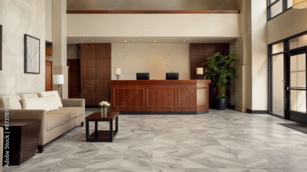 An inviting hotel lobby with comfortable seating, a friendly receptionist behind the desk, and guests being greeted with warm smiles and attentive service An inviting hotel lobby with comfortable seating, a friendly receptionist behind the desk, and guests being greeted with warm smiles and attentive service