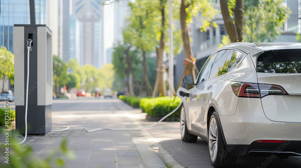 Advanced electric car plugged into a renewable energy hub in a prime city location, Automobile, EV, Energy Hub and Location concept Advanced electric car plugged into a renewable energy hub in a prime city location, Automobile, EV, Energy Hub and Location concept