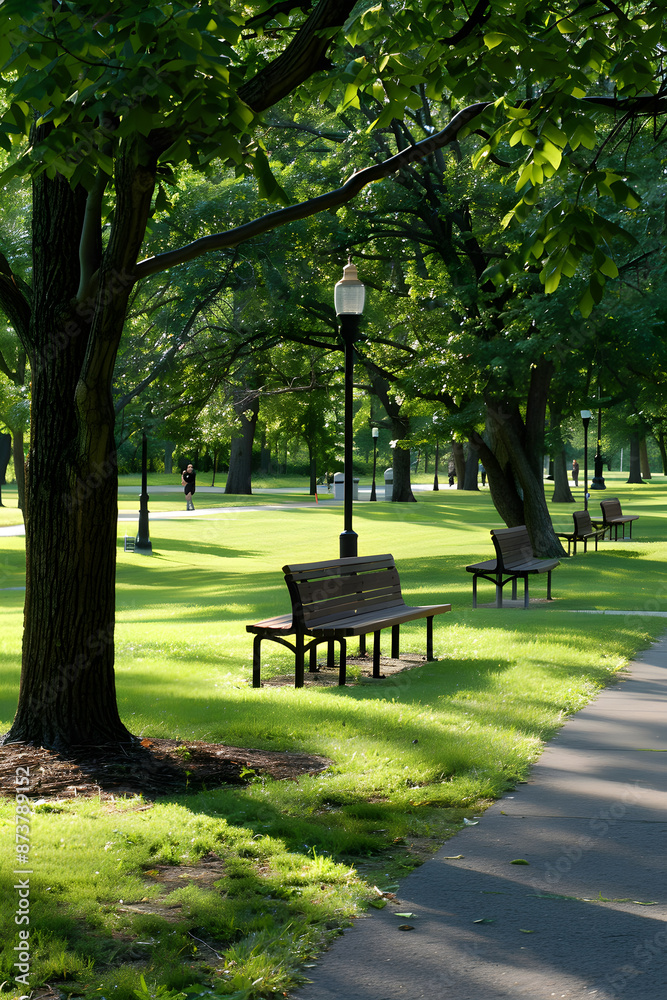 Tranquil Modern Recreational Park with Greenery, Benches, and Shaded Pathways for Community Relaxation and Leisure Activities Tranquil Modern Recreational Park with Greenery, Benches, and Shaded Pathways for Community Relaxation and Leisure Activities