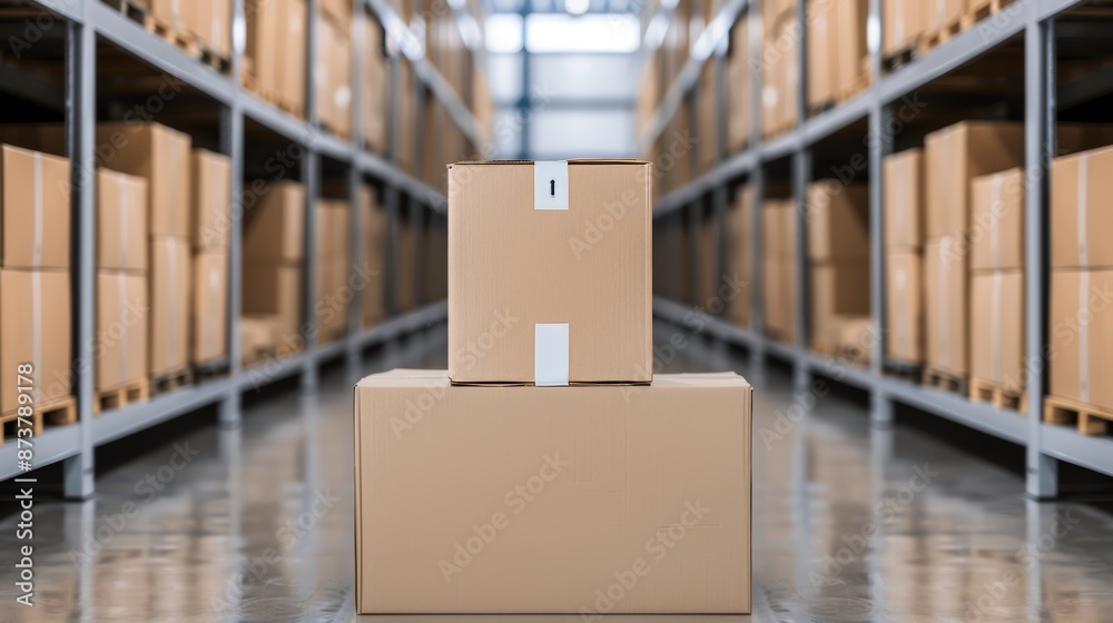 Climate-controlled storage facility with neatly stacked boxes, secure and organized environment for valuable items, professional atmosphere Climate-controlled storage facility with neatly stacked boxes, secure and organized environment for valuable items, professional atmosphere