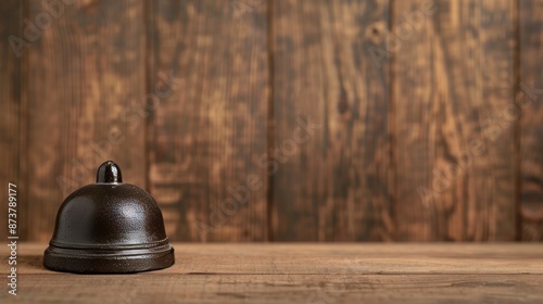 Close-up of bell metal service on a polished wooden surface, with a blurred wooden wall, creating a serene and timeless scene