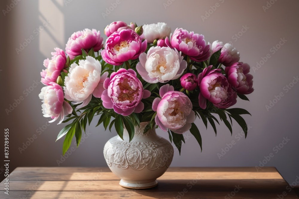 A beautiful pink peony bouquet in a crystal vase a touch of summer blossoming indoors A beautiful pink peony bouquet in a crystal vase a touch of summer blossoming indoors