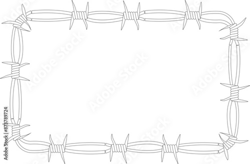 Barbed wire twisted ring y2k, round border tattoo, gothic textured steel frame, spiky oval barrier, silhouette isolated on white background. 