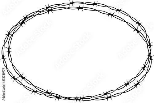 Barbed wire twisted ring y2k, round border tattoo, gothic textured steel frame, spiky oval barrier, silhouette isolated on white background. 