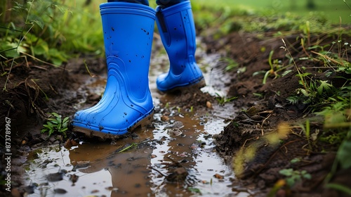 blue rubber boots walking in a muddy ditch photo