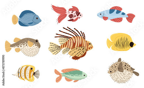 Set with hand drawn tropical fish. Inhabitants of the sea. Vector cartoon doodles of marine exotic fish