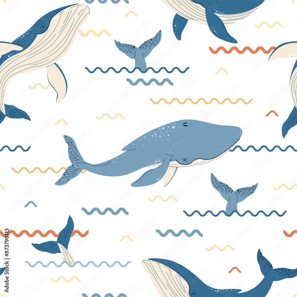 Seamless pattern with cartoon whale. Background with sea animal in flat style. Suitable for decoration, design, stickers Seamless pattern with cartoon whale. Background with sea animal in flat style. Suitable for decoration, design, stickers