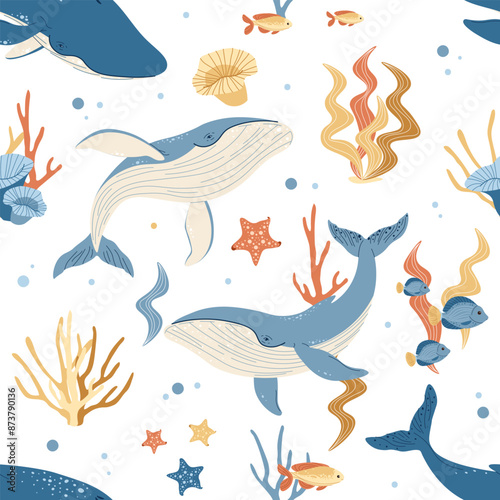 Photography Seamless pattern with cartoon whale