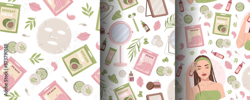 Seamless pattern with skin care products. A set of backgrounds with beauty products, creams, moisturizing face mask, etc. Skin and body care.