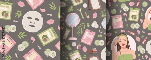 Seamless pattern with skin care products. A set of backgrounds with beauty products, creams, moisturizing face mask, etc. Skin and body care.