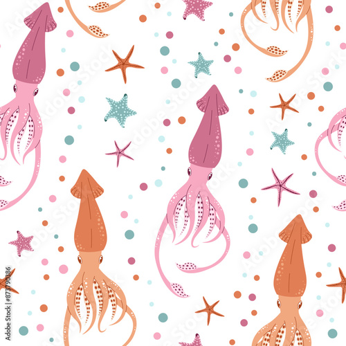 Seamless pattern with cartoon doodle squid. Background with sea life in flat style. Suitable for decoration, design, stickers