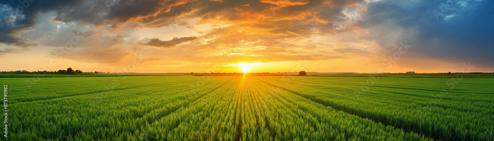 Stunning sunset over a vast green field with dramatic clouds, showcasing the beauty of nature and agriculture. Stunning sunset over a vast green field with dramatic clouds, showcasing the beauty of nature and agriculture.