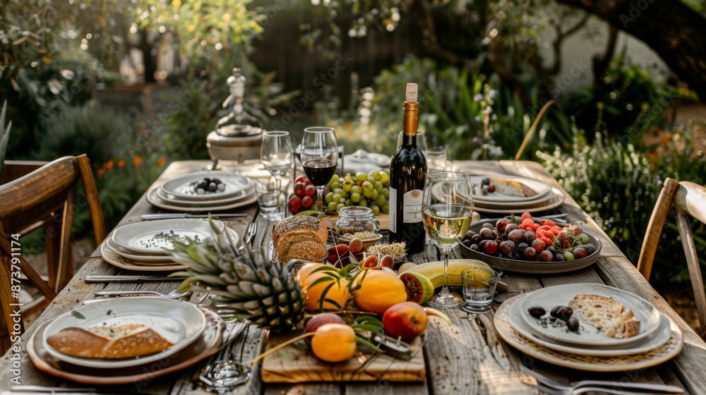 Rustic farm harvest dinner fresh produce, bread, and wine on wooden table at dusk Rustic farm harvest dinner fresh produce, bread, and wine on wooden table at dusk