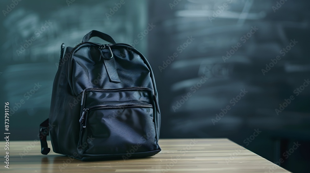 Empty black backpack on the classroom table, the blackboard background ...