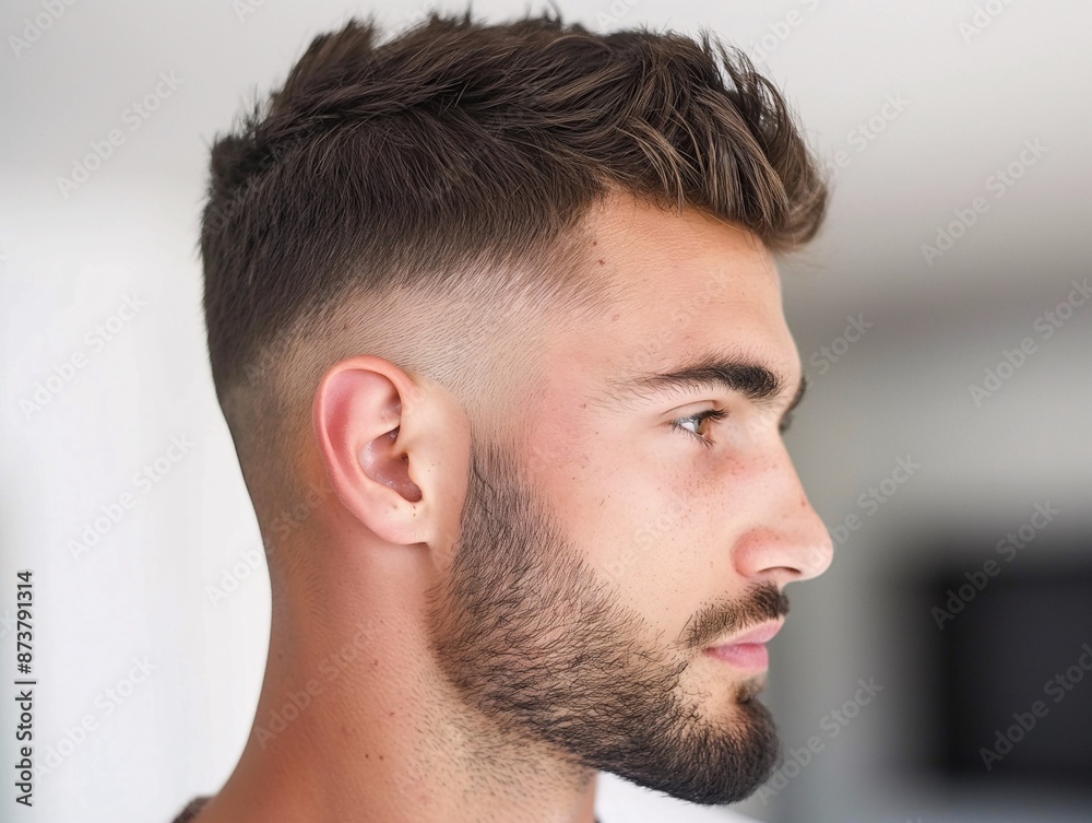 Fototapeta premium A man with a fade haircut, showing off his trendy style