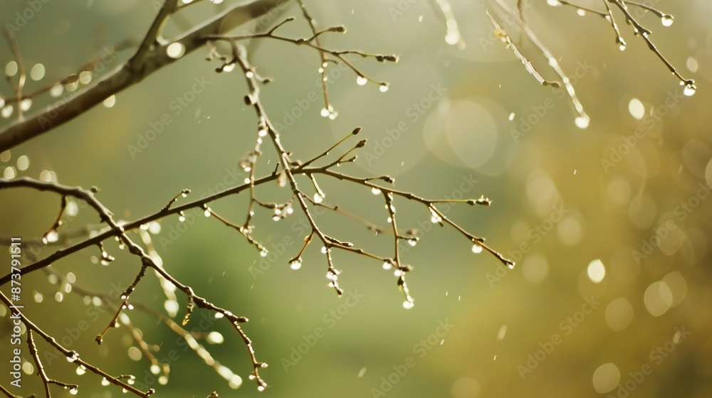 Close-up of wet birch tree branch, soft light green blur background, rain drops, fresh and calming composition.