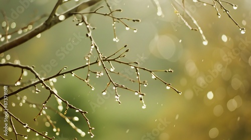 Obraz na płótnie Close-up of wet birch tree branch, soft light green blur background, rain drops, fresh and calming composition. w salonie