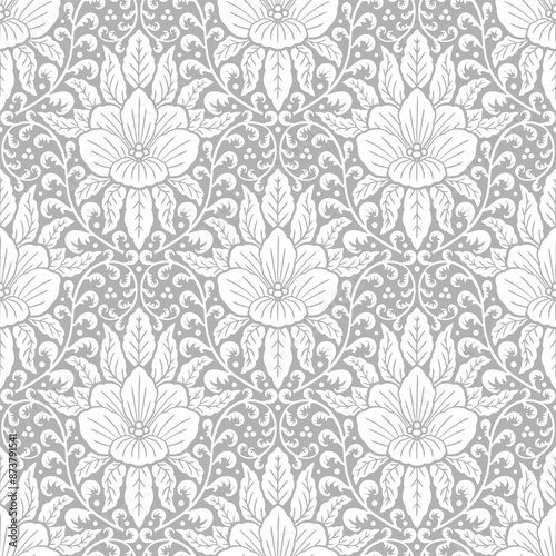 Seamless gray Damask pattern with tropical motifs. Floral abstract repeat monochrome background.
